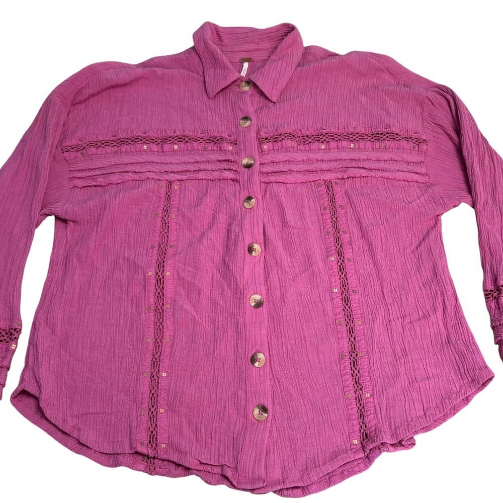 Free People Gauze Boho Crochet Lace Sequin Button Down Shirt Womens Small Pink